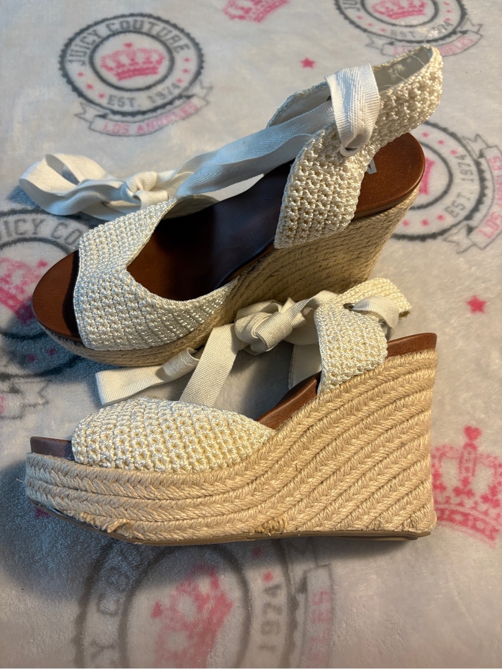 MIA Cream Woven Espadrille Platform Wedge Sandals with Ankle Tie NWOT